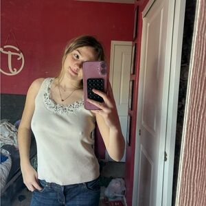 Chic Cream Embellished Tank Top